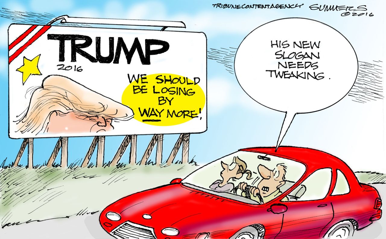 Political cartoon Donald Trump slogan billboard losing