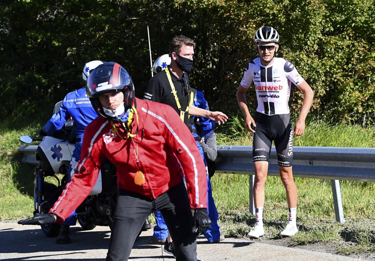 Sunweb’s Tiesj Benoot was lucky to be able to come away with only cuts and bruises after crashing at 60kph on a descent during stage 4 of the 2020 Tour de France