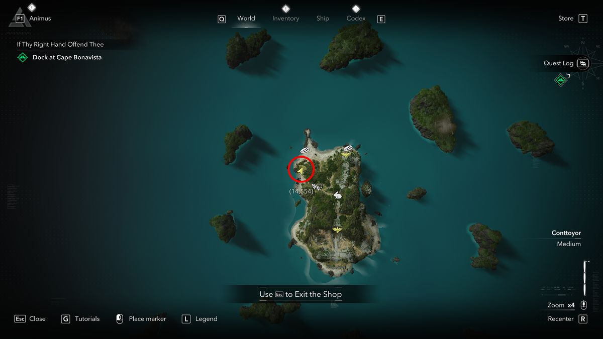 Black Flag treasure maps: A screenshot of the map with a red circle showing the location of the buried chest for the Sacrifice Island (Preserved) treasure map.