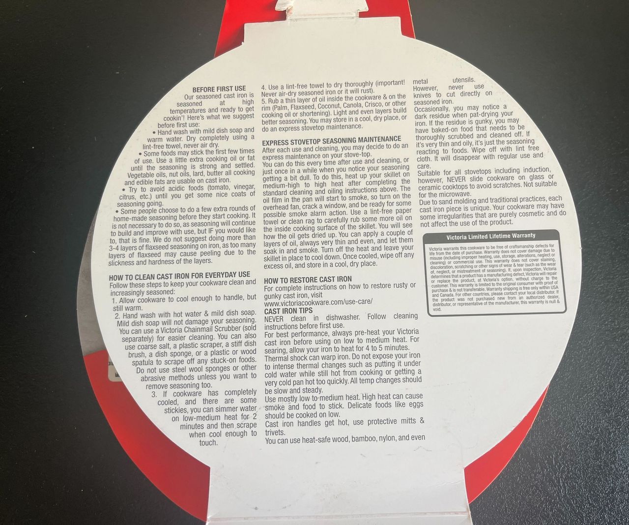 The fine print instructions on the inside of the circular packadging for the Victoria Cast Iron Skillet