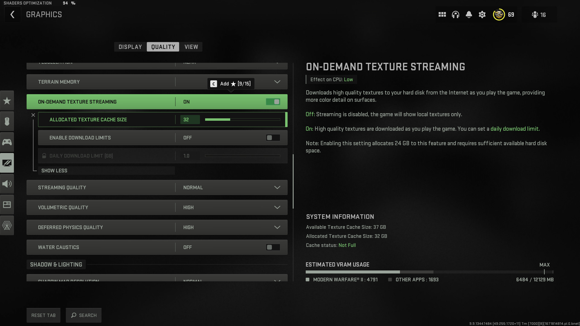 call of duty texture streaming menu option