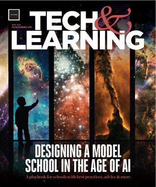 Cover of T&L April 2024 issue, showing child looking at images of outer space