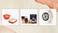 compilation image on a beige background showing John Lewis sale items including le creuset, estee lauder and samsung