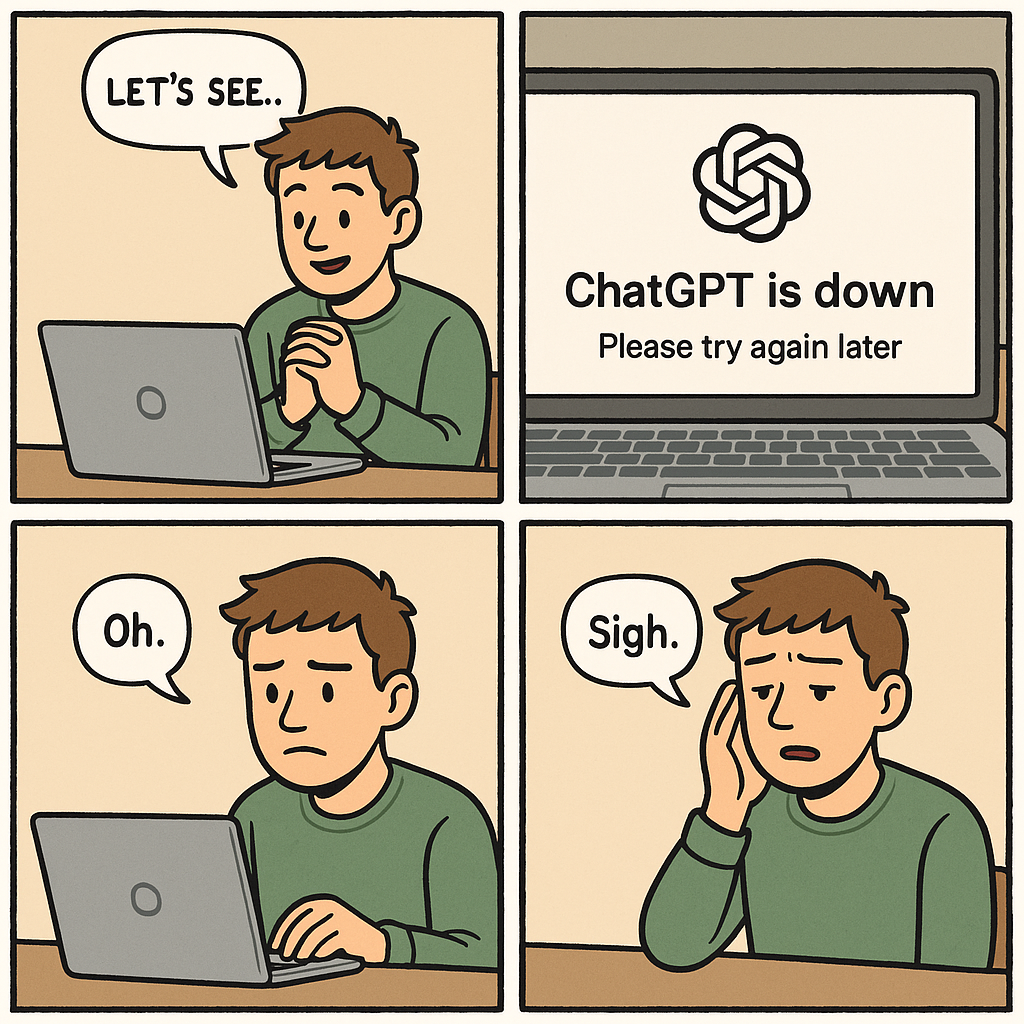 ChatGPT makes a comic about ChatGPT being down.