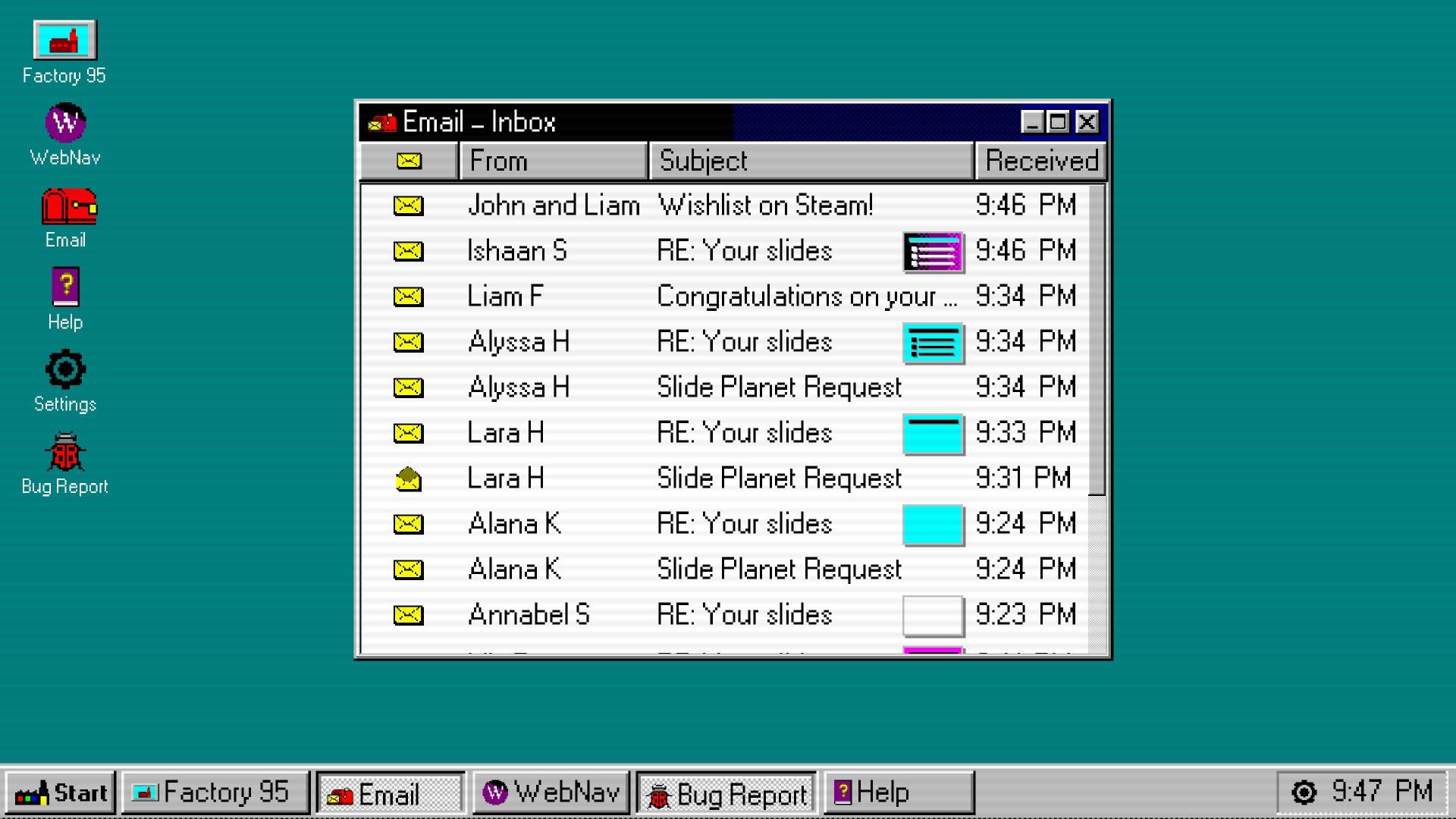 Retro computer desktop with teal background features an open email inbox window. The list displays emails from various contacts with timestamps. Nostalgic 1990s digital feel.