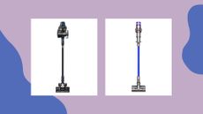 product shots of the Vax Blade 2 Max, one of the Dyson alternatives, and Dyson V11 Absolute cordless vacuum cleaners on a lilac background with blue shapes