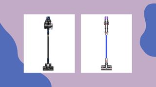 product shots of the Vax Blade 2 Max and Dyson V11 Absolute cordless vacuum cleaners on a lilac background with blue shapes