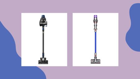 product shots of the Vax Blade 2 Max, one of the Dyson alternatives, and Dyson V11 Absolute cordless vacuum cleaners on a lilac background with blue shapes