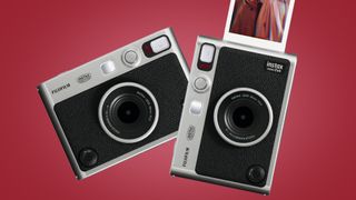 The Fujifilm Instax Mini Evo on a red background