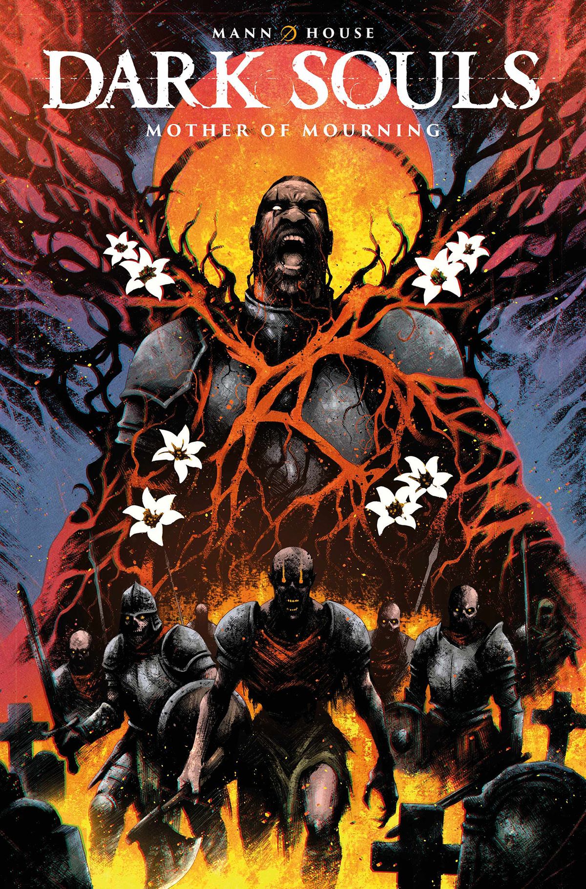 A knight being overrun by lillies as a horde of undead rise from their graves