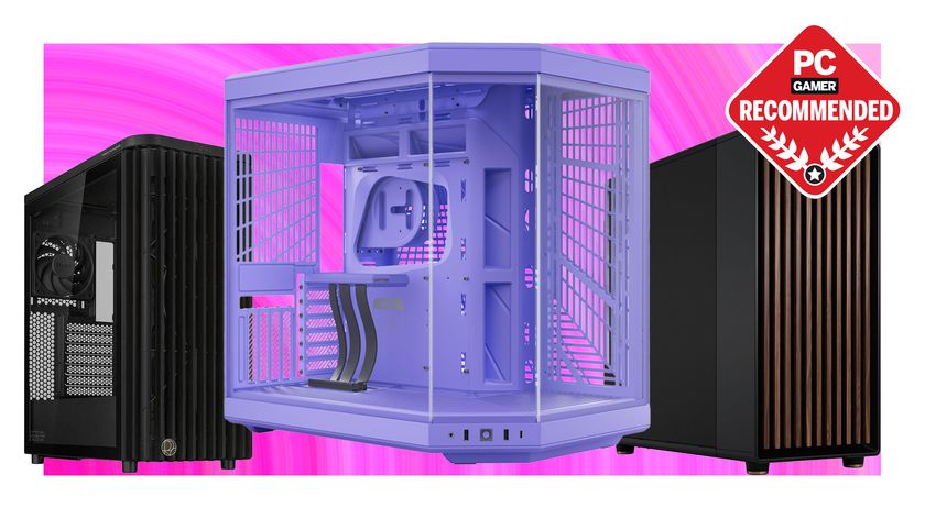Three PC cases on a pink background with the PC Gamer logo in the top right.