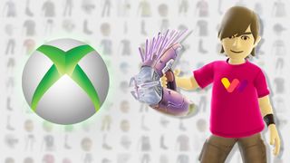 Xbox avatar in a pink shirt holding a glowing purple Needler‑style weapon, standing beside the green‑and‑white Xbox logo with blurred avatar items in the background.