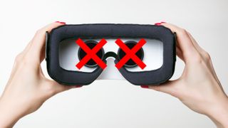 The inside of a VR headset with two red 'X' icons covering the eye displays.