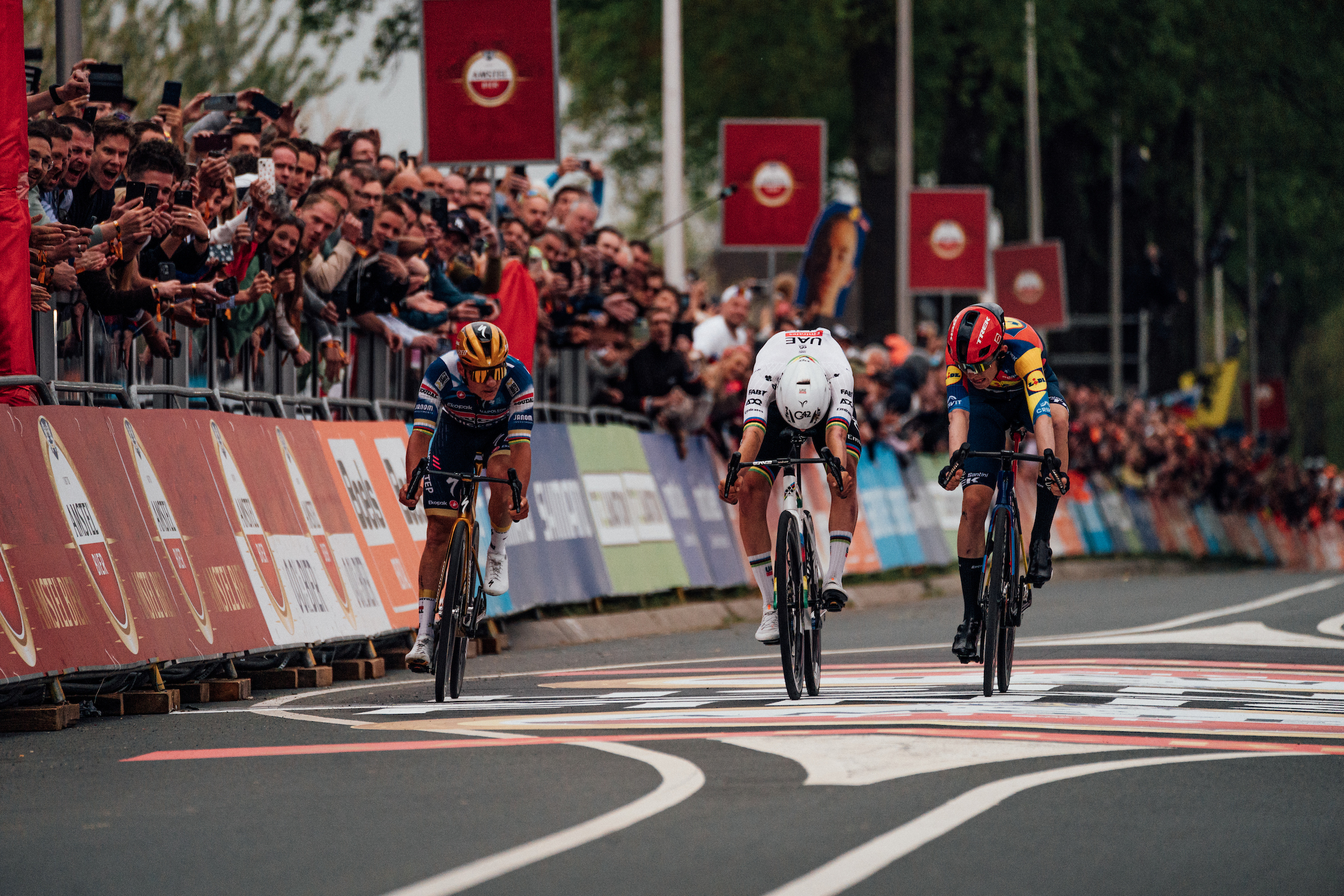 20/04/2025 - Cycling - 2025 Amstel Gold Race, Netherlands - Matthias Skjelmose, Lidl Trek, wins the 2025 Amstel Gold Race, Tadej Pogacar, UAE Team XRG, finishes second and Remco Evenepoel, Soudal Quickstep, finishes third.