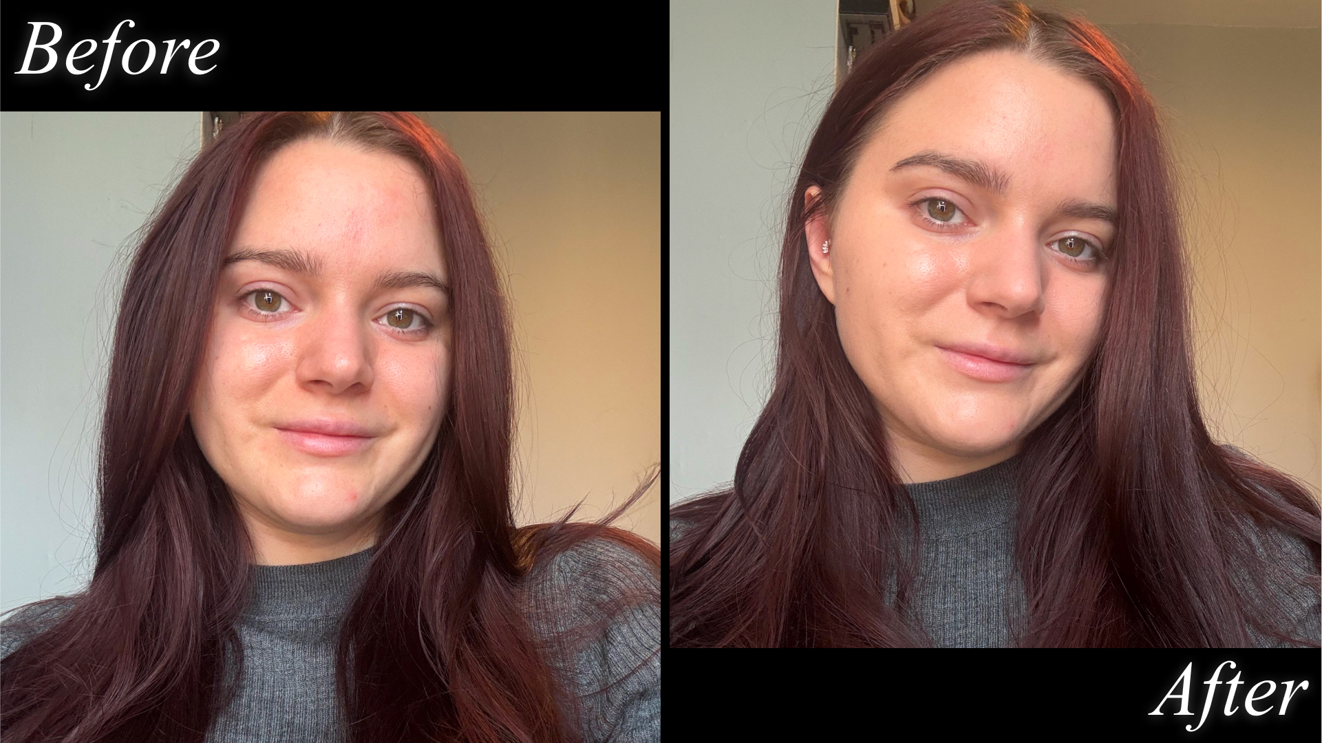 Split image of Brooke Knappenberger testing Merit Beauty The Uniform with before and after text on black background