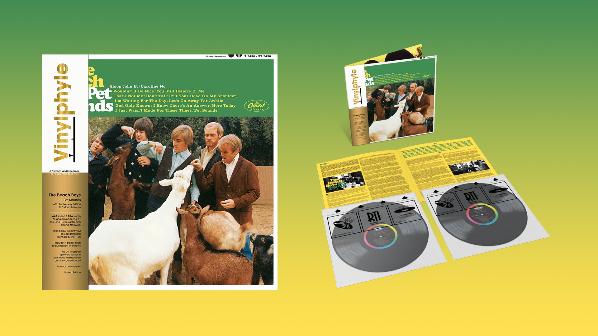 A repressing of The Beach Boys' Pet Sounds album on Vinylphyle 180g vinyl, showing the cover art, LPs and packaging.