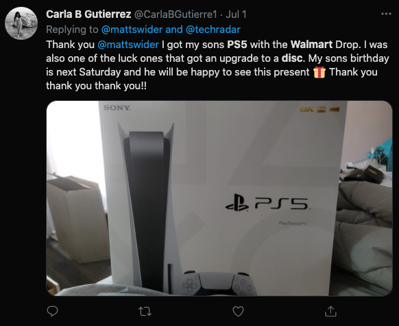 PS5 restock Twitter reply from the Walmart restock
