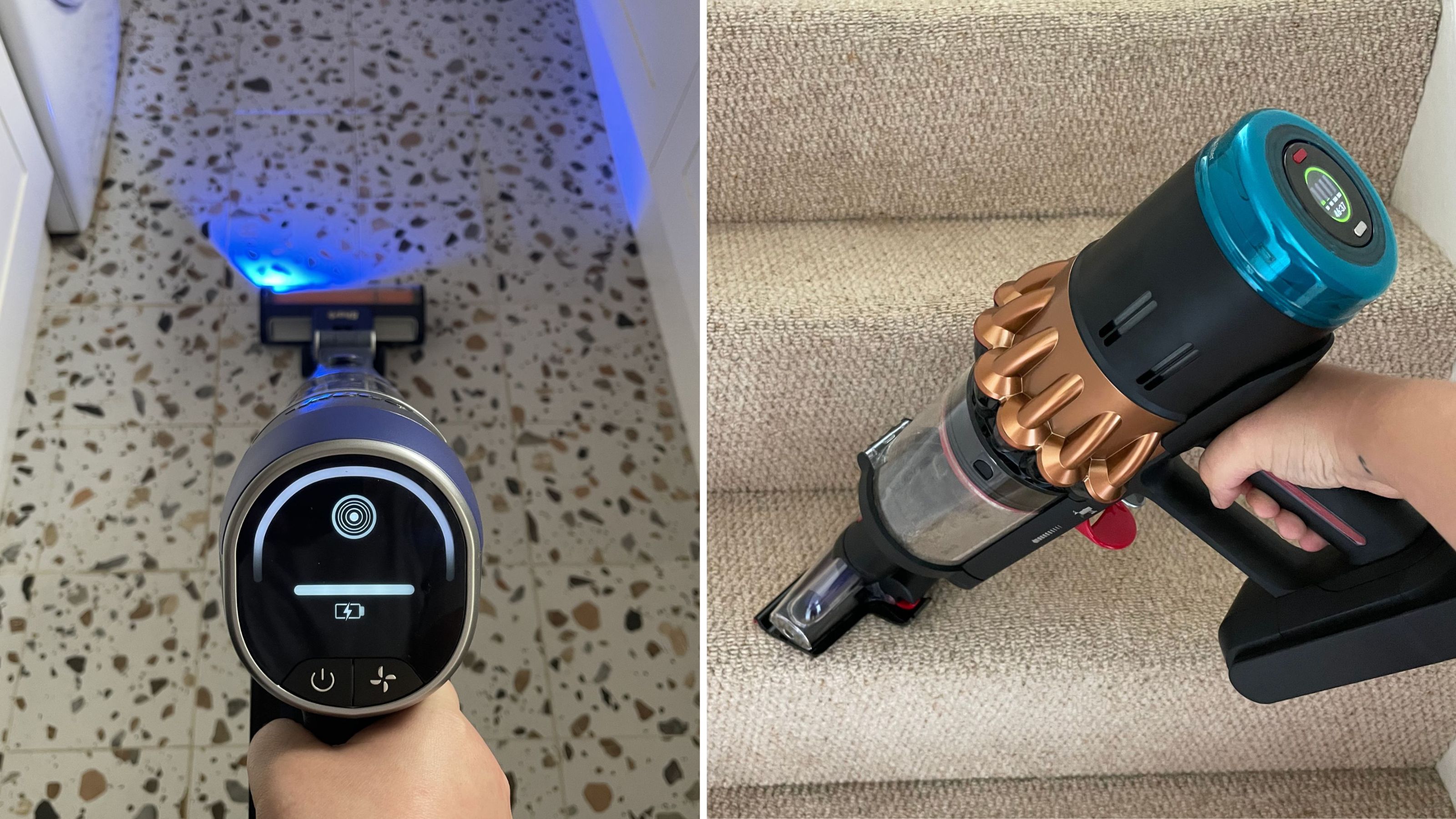 Person using Shark vacuum on terrazzo tiled kitchen floor on the left, and a person using Dyson handheld portion to vacuum cream carpets on the right