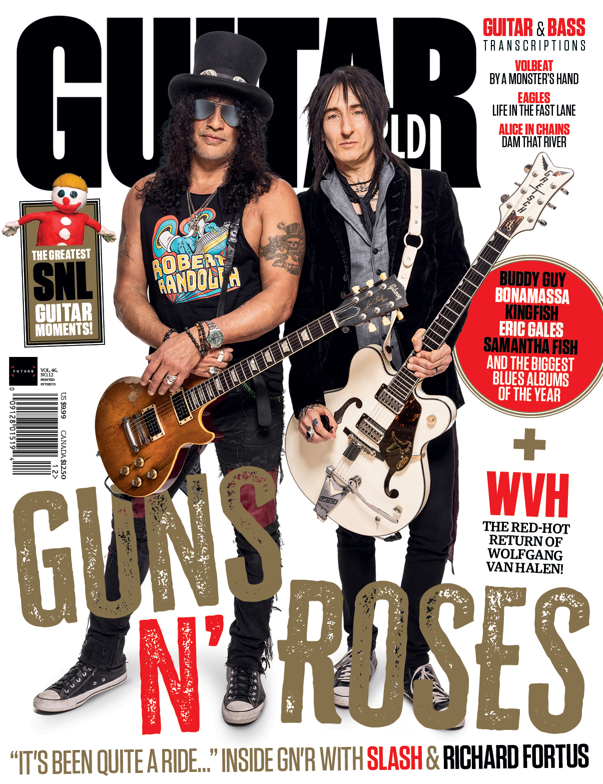 Slash (left) and Richard Fortus, pictured on the cover of the December 2025 issue of Guitar World