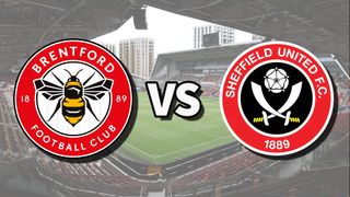 The Brentford and Sheffield United club badges on top of a photo of Brentford Community Stadium in Brentford, England