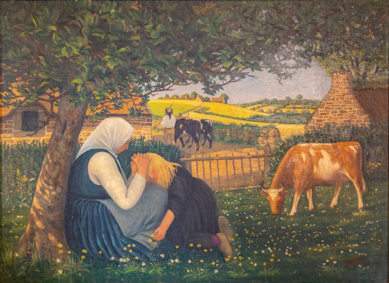 Sarah Raven&#039;s Favourite Painting, Jean Frelaut Breton Scene, photographed at her home in Kent in February 2020 by Daniel Gould.