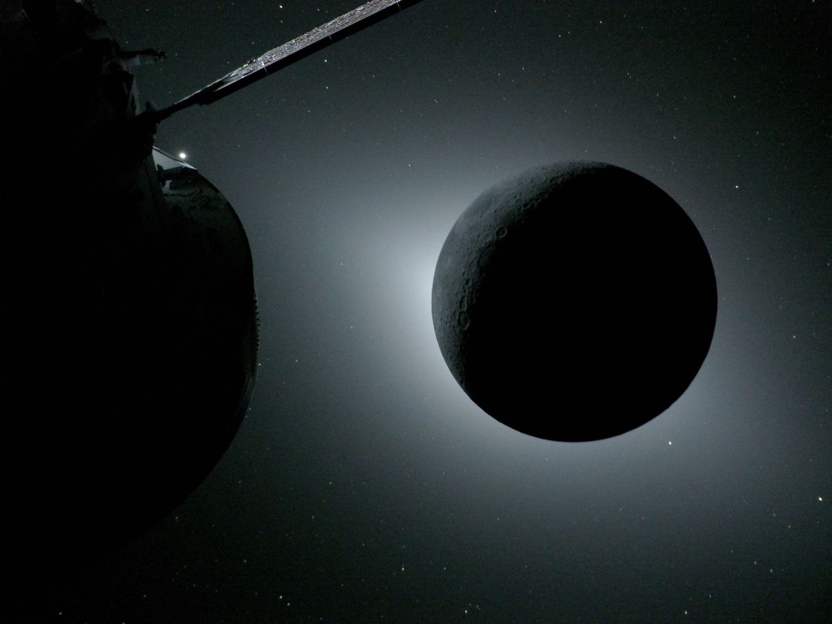 This image captured from the outside of Orion on the Artemis II spaceflight was captured with a GoPro Hero4 Black