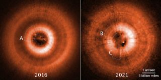 This Hubble Space Telescope Image shows two side-by -side circles that are photos, taken in 2016 and 2021, of nested discs of gas and dust encircling the star TW Hydrae. The view is looking down on top of the discs. In the left image a shadow can be seen at the 11 o’clock position. A later image, on the right, shows two shadows at the 11 o’clock and 7 o’clock positions. This is evidence for two nested discs that are inclined at different angles.