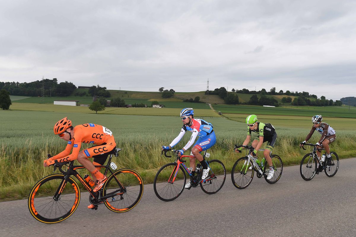 The day's breakaway Axel Domont (AG2R La Mondiale), Marek Rutkiweicz (CCC Sprandi), Matej Mohoric (Cannondale-Garmin) and J&eacute;r&ocirc;me Baugnies (Wanty-Groupe Gobert)