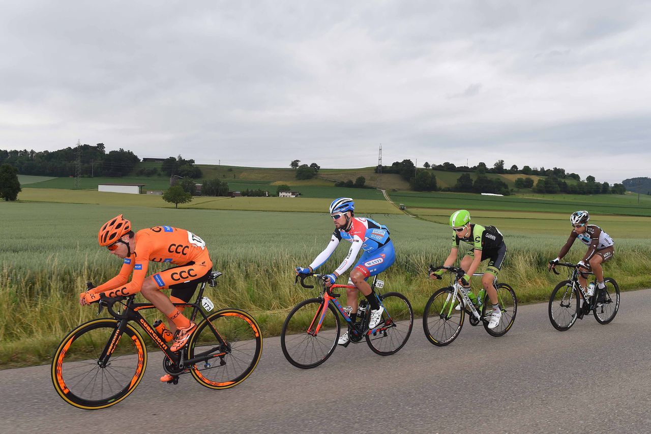 The day's breakaway Axel Domont (AG2R La Mondiale), Marek Rutkiweicz (CCC Sprandi), Matej Mohoric (Cannondale-Garmin) and J&eacute;r&ocirc;me Baugnies (Wanty-Groupe Gobert)