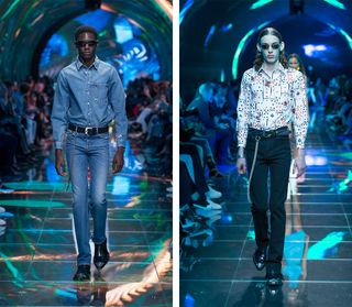 Models wear denim shirt and jeans, and white printed shirt with black denim jeans