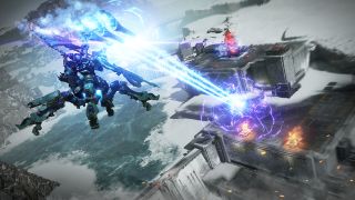 Still from the video game Armored Core VI: Fires of Rubicon. A giant octopus-like mech robot firing blue laser beams at a concrete base by a dam below.