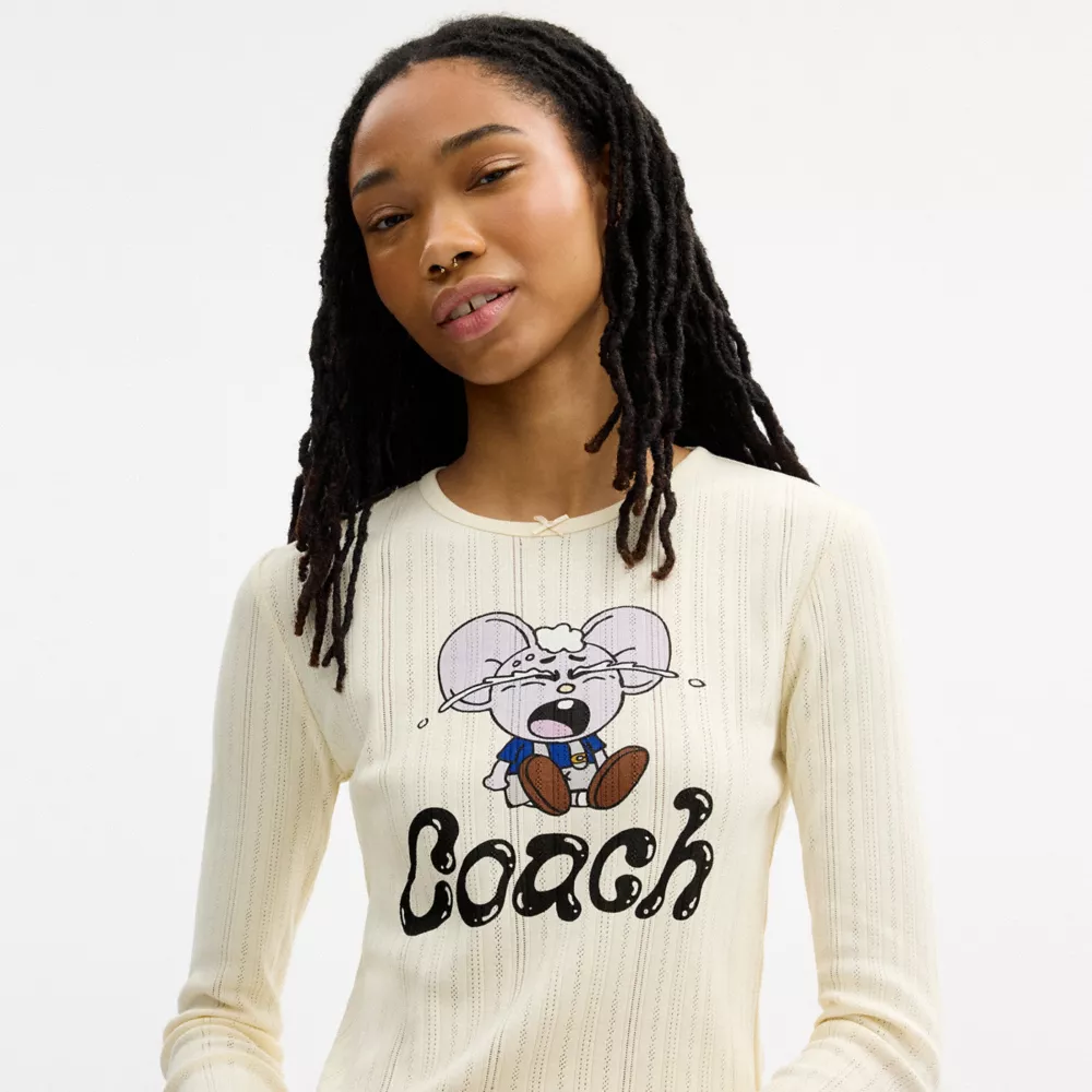 Coach | Brain Dead Kachi Mouse Graphic Long Sleeve Pointelle Top