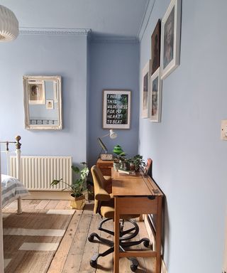 Blue painted ceiling and bedroom