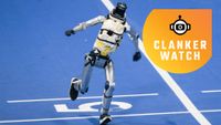 A robot competitor undergoes pre-competition testing at the National Speed Skating Oval to prepare for the upcoming Second World Humanoid Robot Games on August 19, 2026 in Beijing, China.