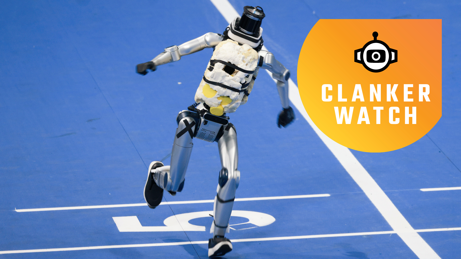 A robot competitor undergoes pre-competition testing at the National Speed Skating Oval to prepare for the upcoming Second World Humanoid Robot Games on August 19, 2026 in Beijing, China.