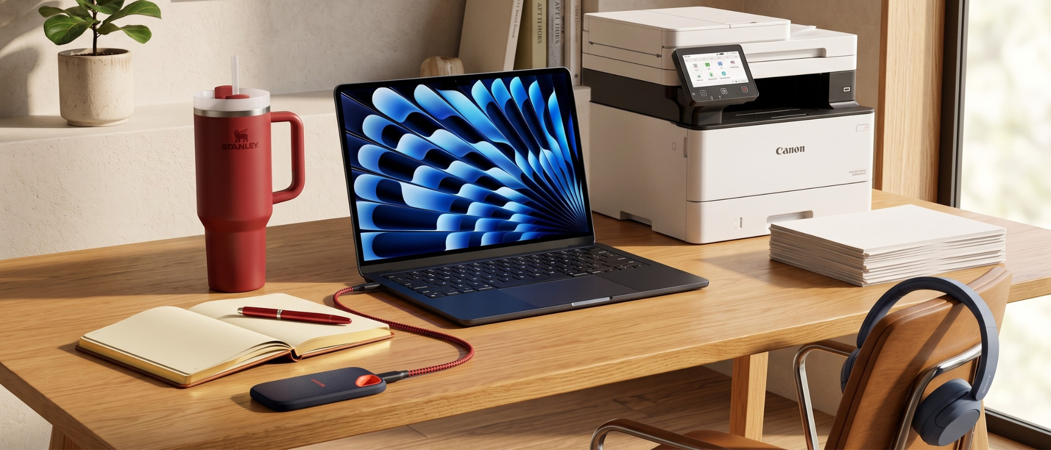 A selection of home office essentials on a desk in a brightly lit WFH setup, including a MacBook, Canon printer, and Stanley cup