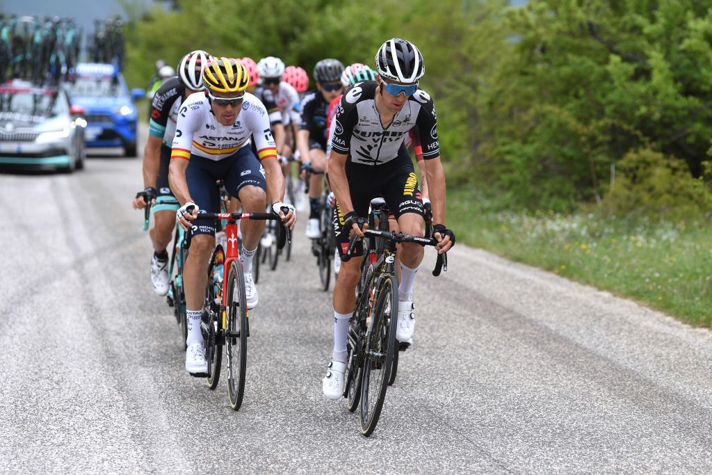 CAMPO FELICE ROCCA DI CAMBIO ITALY MAY 16 Luis Leon Sanchez Gil of Spain and Team Astana Premier Tech George Bennett of New Zealand and Team Jumbo Visma in breakaway during the 104th Giro dItalia 2021 Stage 9 a 158km stage from Castel di Sangro to Campo Felice Rocca di Cambio 1665m girodiitalia Giro UCIworldtour on May 16 2021 in Campo Felice Rocca di Cambio Italy Photo by Tim de WaeleGetty Images