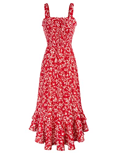 Grace Karin Women Strappy Floral Beach Dress Square Neck Chiffon a Line Smocked Maxi Dress for Summer Red Floral M