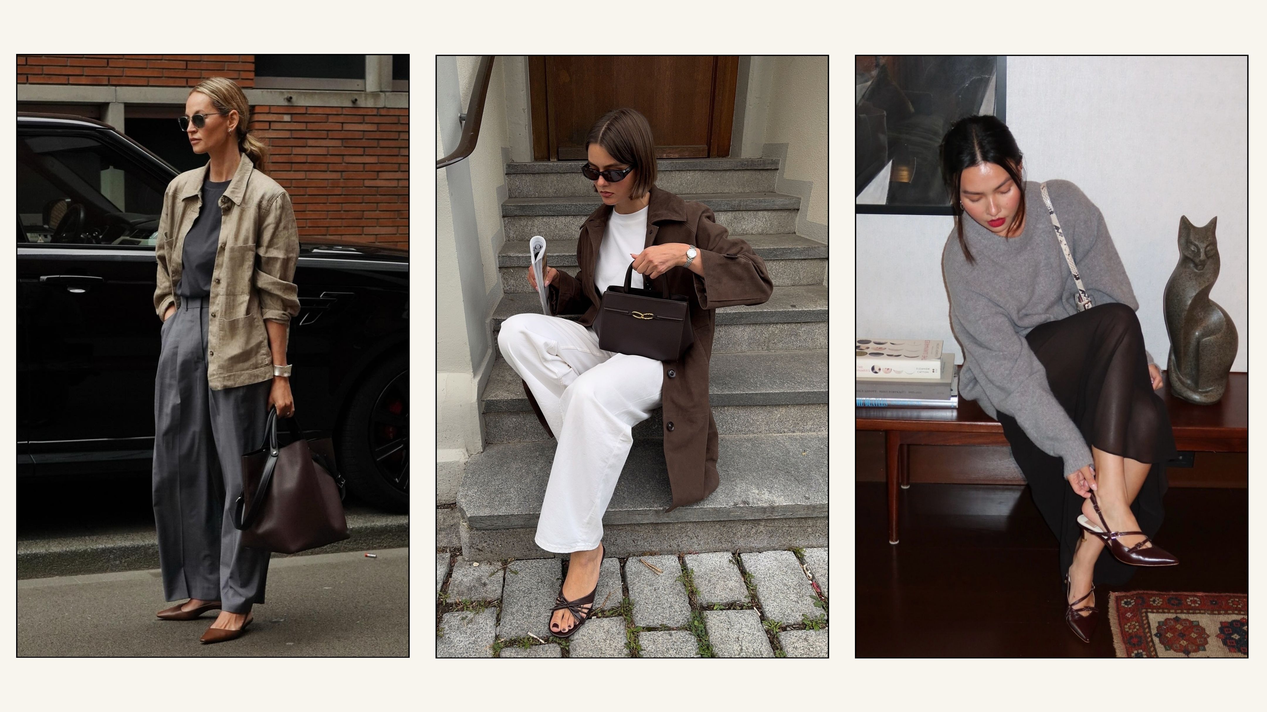 Collage of influencers wears brown heels with trousers, jeans and skirts.