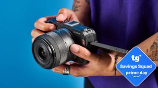 Canon EOS R50 V in hand with a TG Prime Day badge in the bottom right of the image.
