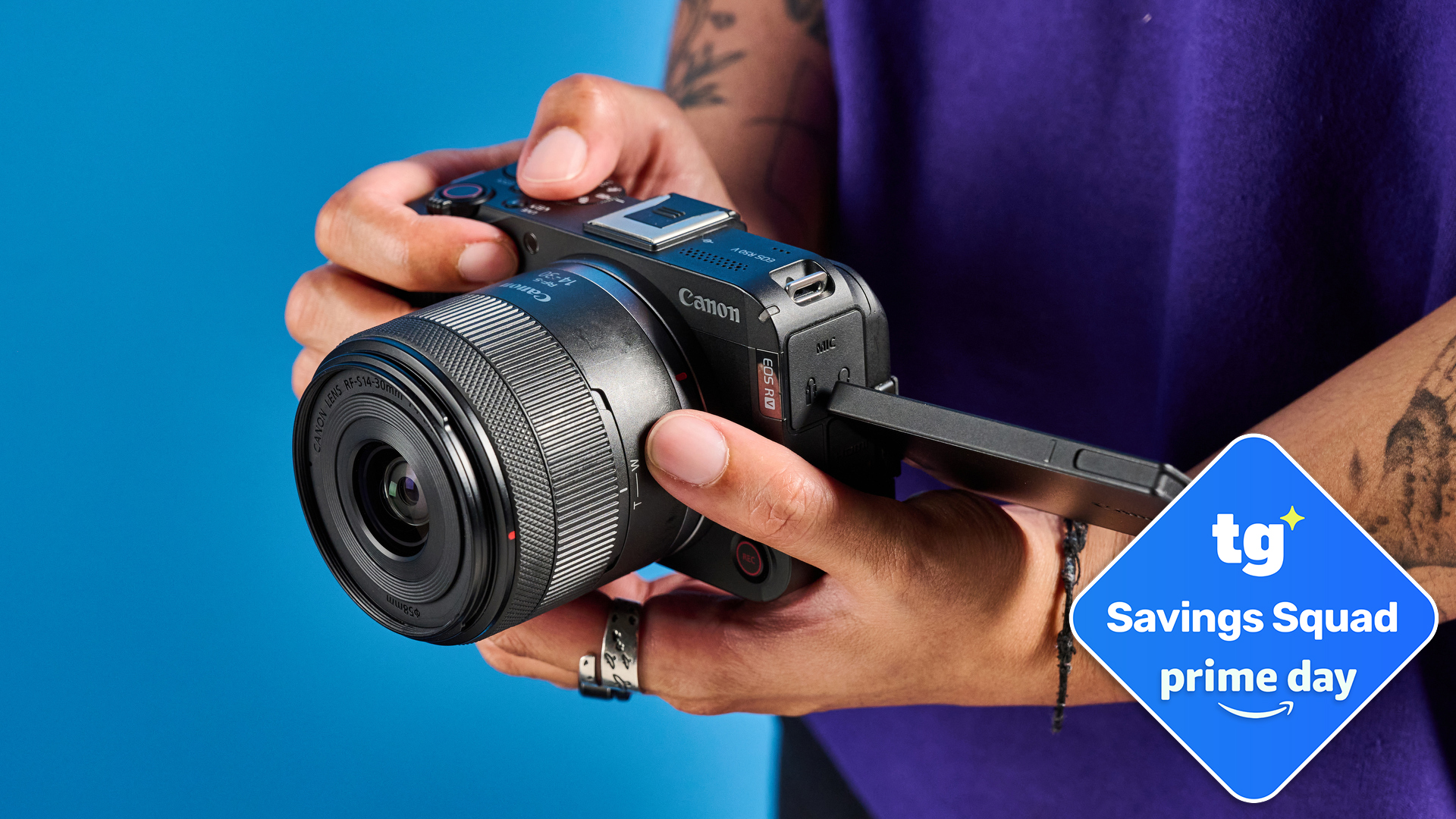 Canon EOS R50 V in hand with a TG Prime Day badge in the bottom right of the image.