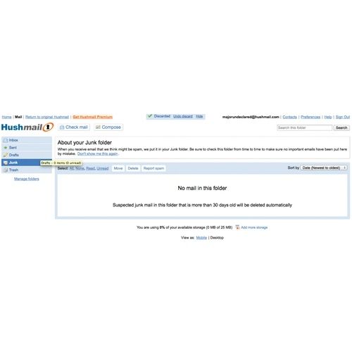 Hushmail image: Any emails that are routed to your junk folder are automatically deleted after 30 days.