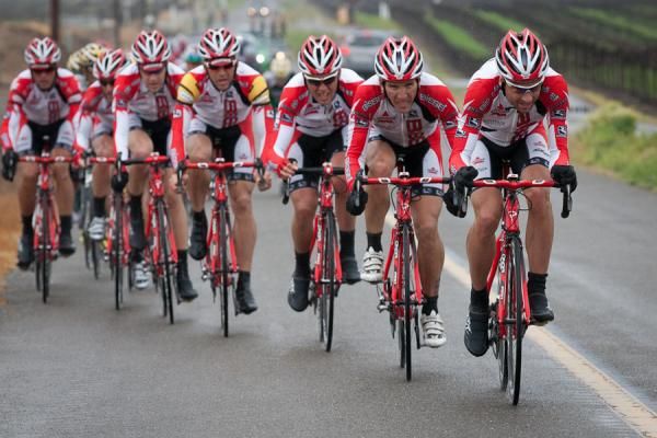 Paul Mach leads the echelon for Bissell Pro Cycling in pursuit of a breakaway duo on the final lap of the Almond Blossom Road Race.