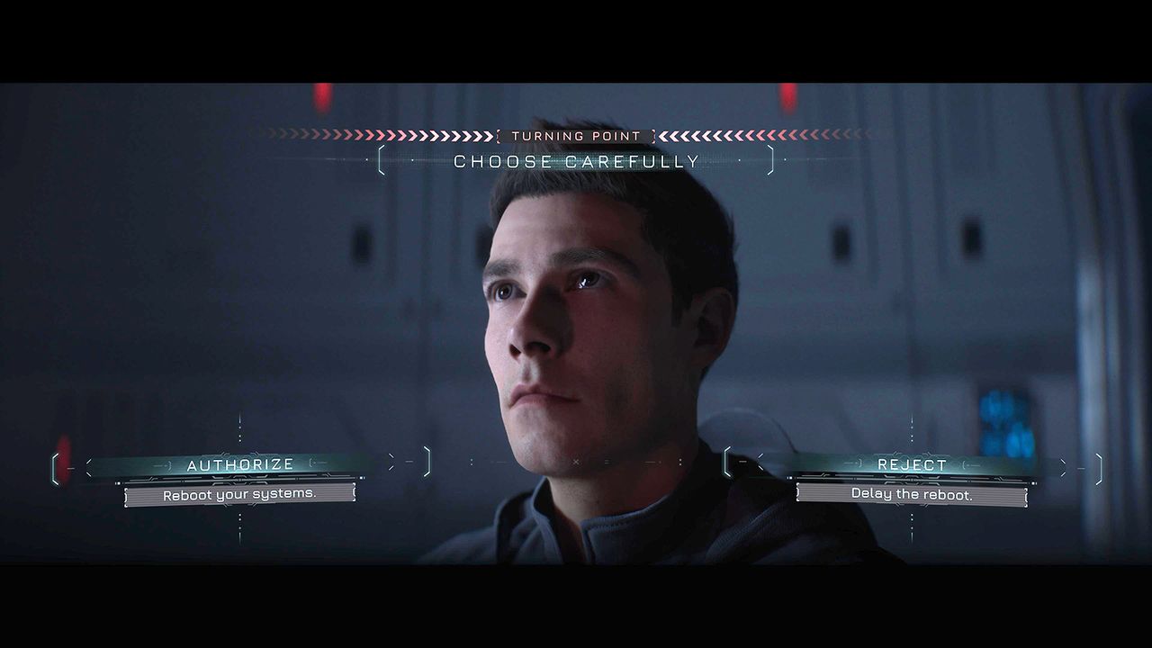 Screens from video game Directive 8020, people in a crashed space ship