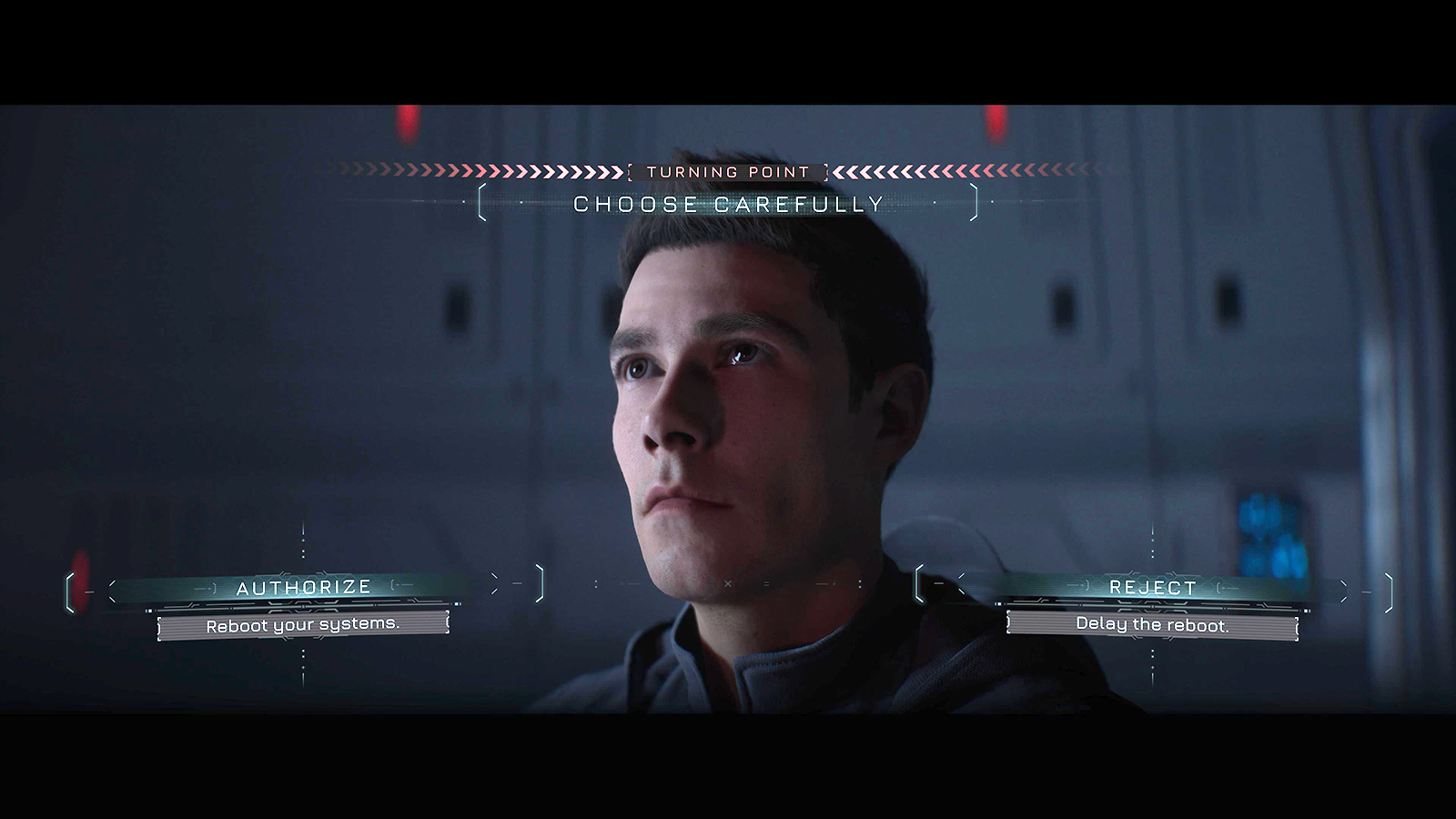 Screens from video game Directive 8020, people in a crashed space ship