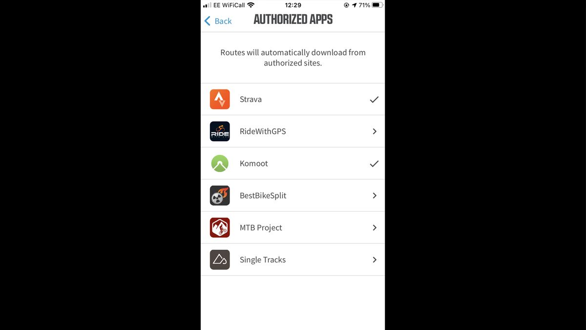 Screen grab from the Wahoo Elemnt app showing the connected apps for routes