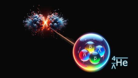 An illustration shows the creation of antihyperhydrogen-4 in a collision between two nulcei of lead.