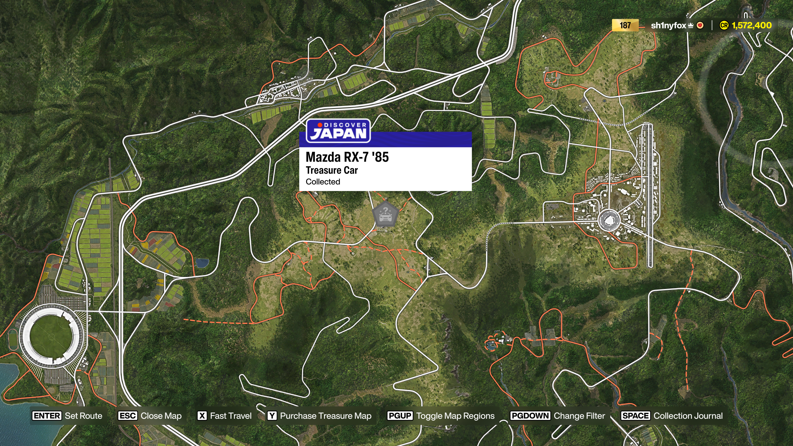 Map location of the Mazda RX-7 Treasure Car in Forza Horizon 6.