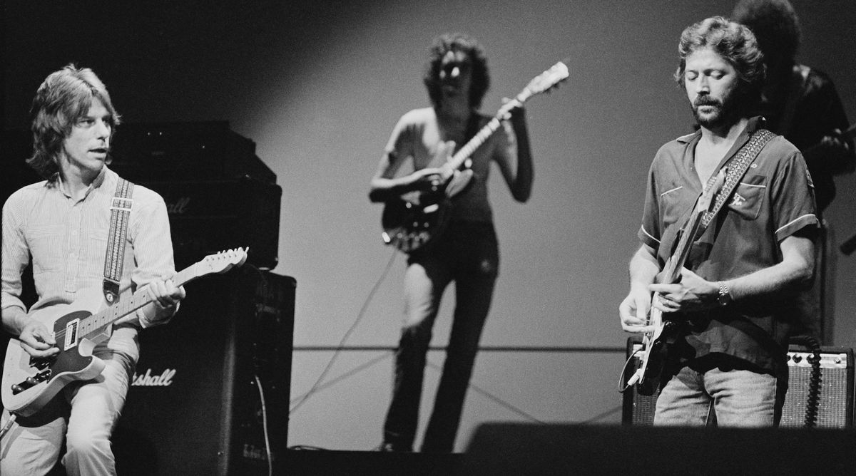 Jeff Beck (left) and Eric Clapton perform onstage at the Drury Lane Theatre in London on September 9, 1981