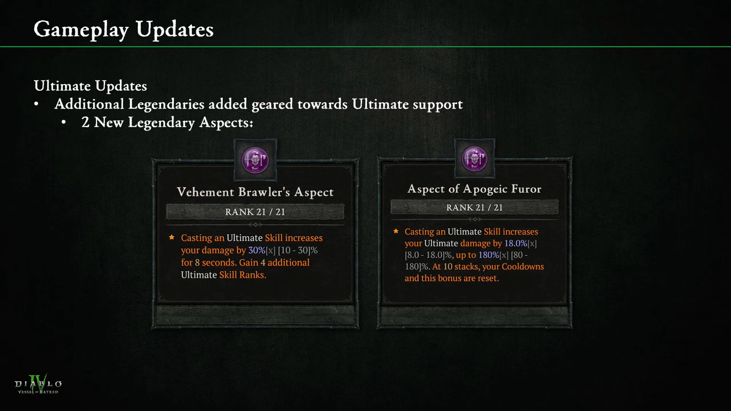 Diablo 4 campfire slides showing changes to Ultimates